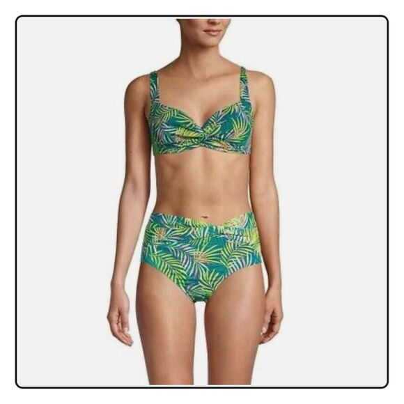 Lands End Baltic Teal Multi Palm Green and Pink Bikini Top Size 6 New - Picture 1 of 5